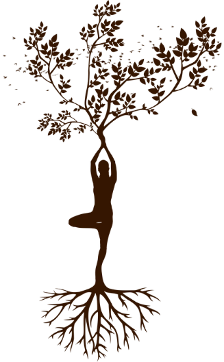 Tree with a person doing a yoga tree pose within it, illustration